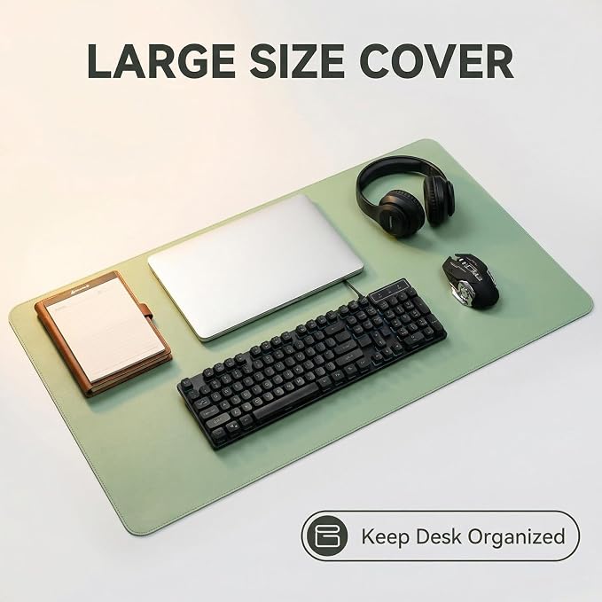 Green PU Leather Desk Protector Pad, 11 x 47 Inch Non-Slip Desktop Blotter, Waterproof Writing Desk Cover Mat for Home & Office