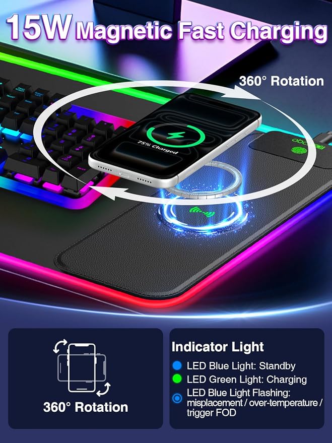 XL RGB LED Gaming Mouse Pad with 15W Magnetic Wireless Charging | 31.5'' x 11.8'' Large Desk Mat, 24 Lighting Effects Keyboard Pad with Non-Slip Rubber Base, Waterproof Easy Gliding Surface