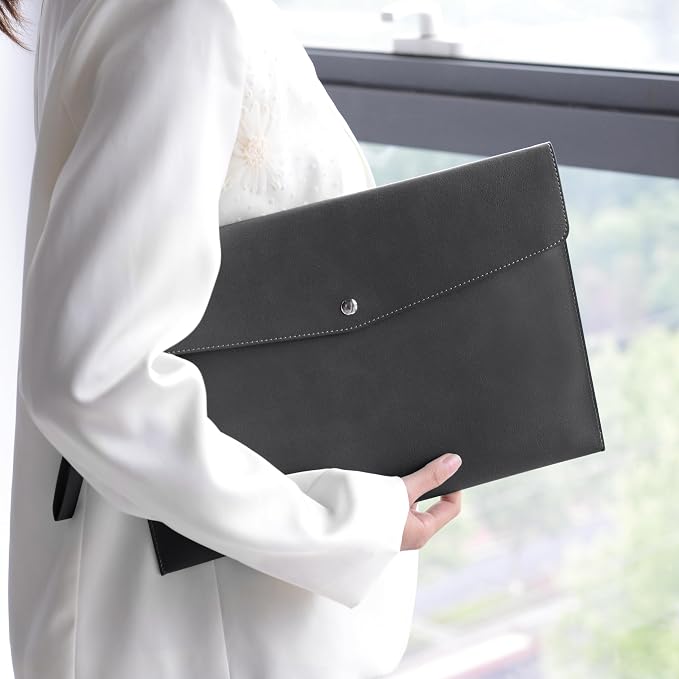 Wonderpool A4 Premium Faux Leather Envelope Documents Multifunction Folders Stationery Bag -Portfolio File for Paper Letter Stationery Organizer and Tablet Case PC Sleeve (Dark Gray)