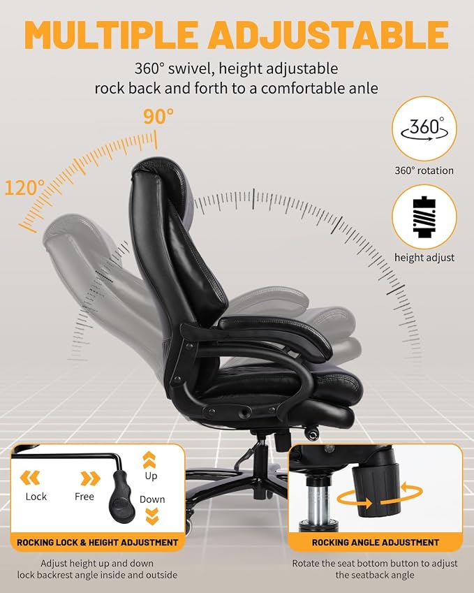 Big and Tall Executive Office Chair with Adjustable Lumbar Support, Extra Wide Seat, Heavy Duty Computer Desk Chair for Long Working Hours, Gaming & Home Office, Quiet Rolling Wheels