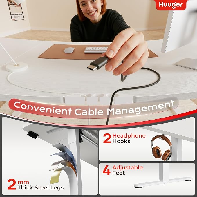 Huuger 71 X 30 Inch Electric Standing Desk with Power Outlets and USB-C Port, Height Adjustable Desk, Sit Stand Desk for Home Office, Computer & Gaming Desk with 4 Presets, Stable Steel Frame, White