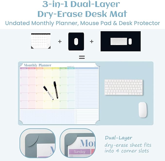 Multi-Functional Dual-Layer Dry Erase Desk Mat, Dry Erase Calendar for Desk - Erasable Desktop Writing Board with Calendar - Non-Slip Faux Leather Desk Protector for Home&Office - 16"x34" Blue