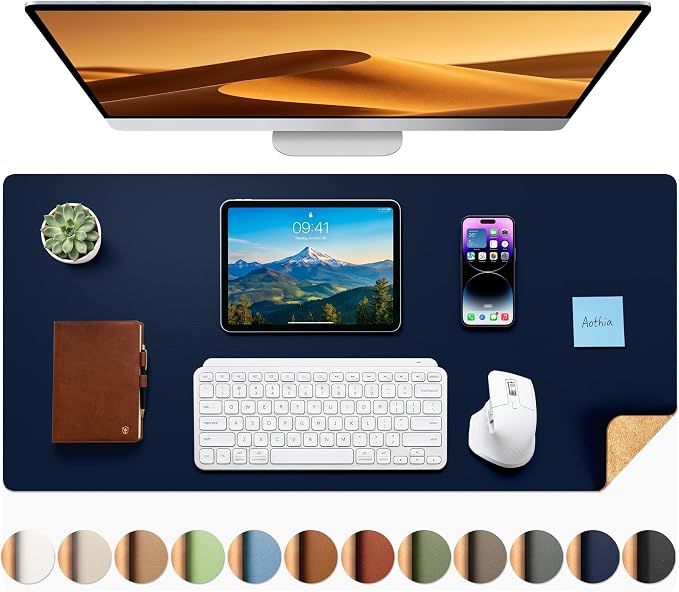 Aothia Dual-Sided Desk Mat, FSC Cork & PU Leather Desk Pad, Large Mouse Pad & Writing Surface for Multi-Device Workspace, Non-Slip Waterproof Desk Protector - 37.8" x 17", Dark Blue
