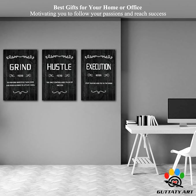 Office Wall Art - 3 Panel Motivational Wall Art, Inspirational Quotes Canvas Art for Home Office Wall Decor, Positive Quotes Wall Decor, Entrepreneur Grind Hustle Execution Poster Frame (20”x30”x3Pcs)