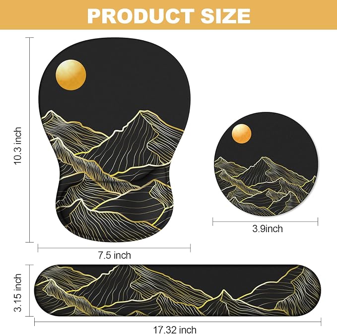 Ergonomic Mouse Pad with Wrist Rest and Keyboard Wrist Rest, Gel Mousepad and Wrist Rest for Computer Keyboard, Pain Relief, Non-Slip PU Base, Black Mouse Pad with Wrist Support for Gaming, Mountain