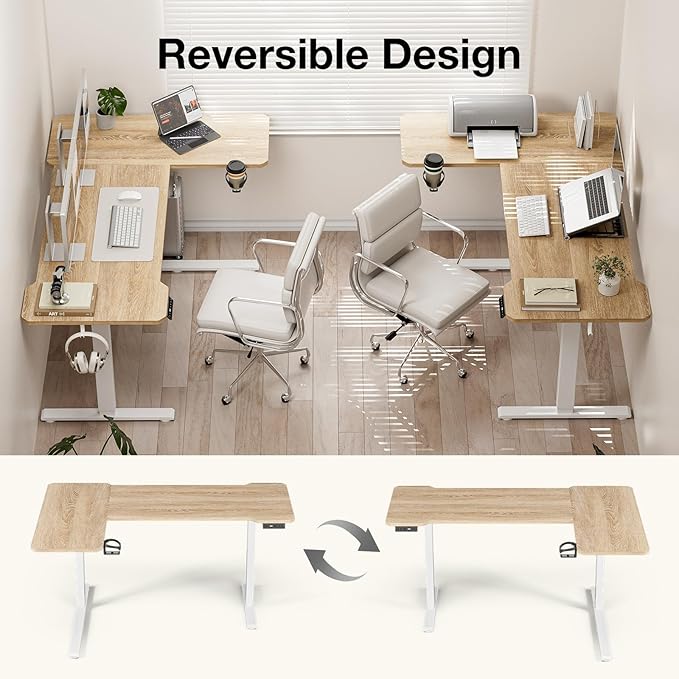 Acrolix L Shaped Electric Standing Desk - 51x31.5 Inch Reversible Corner Sit Stand Desk with Hook&Cup Holder,Electric Height Adjustable Table,for Small Home Office&Bedroom Computer Desk, Oak