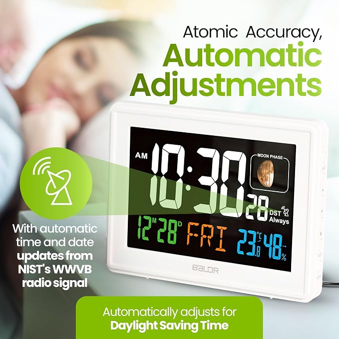 Baldr Digital Alarm Atomic Clock, 7'' Display with Adjustable Brightness | Large Desk Clock Indoor Temperature, Humidity & Moon Phase for Living Room Bedroom, Adapter Powered, White