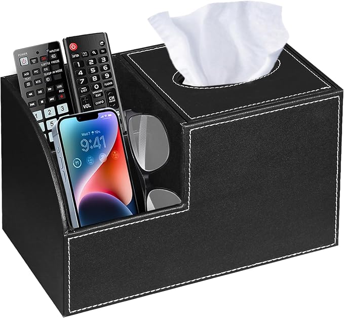 PU Leather Square Tissue Box Cover,Multi-Functional Tissue Cube Box Holder | Facial Tissue Box Cover with Storage,Tissue and Remote Control Holder,Cube Tissue Box Organizer Bedroom,Nightstand,End Table