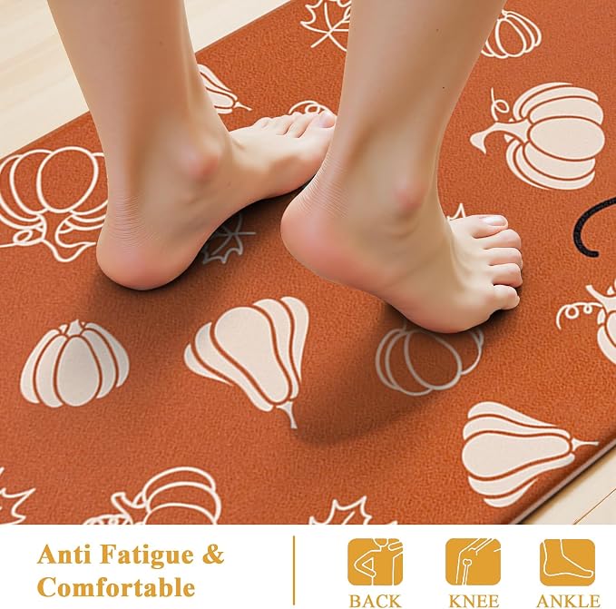 SHACOS Anti Fatigue Fall Kitchen Rugs Set of 2 Orange Mats Beige Pumpkins | Waterproof Non Slip Cushioned Kitchen Floor Mats Harvest Autumn Farmhouse Comfort Standing Mat 17x27.5+17x47"