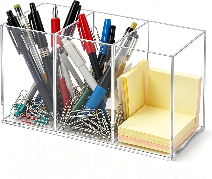 Acrylic Desk Organizer with 3 Compartments, Clear Pen Holder for Pencils and Markers, Makeup Brush Caddy for Vanity, Multi-Purpose Utensil Holder for Kitchen or Office Supplies