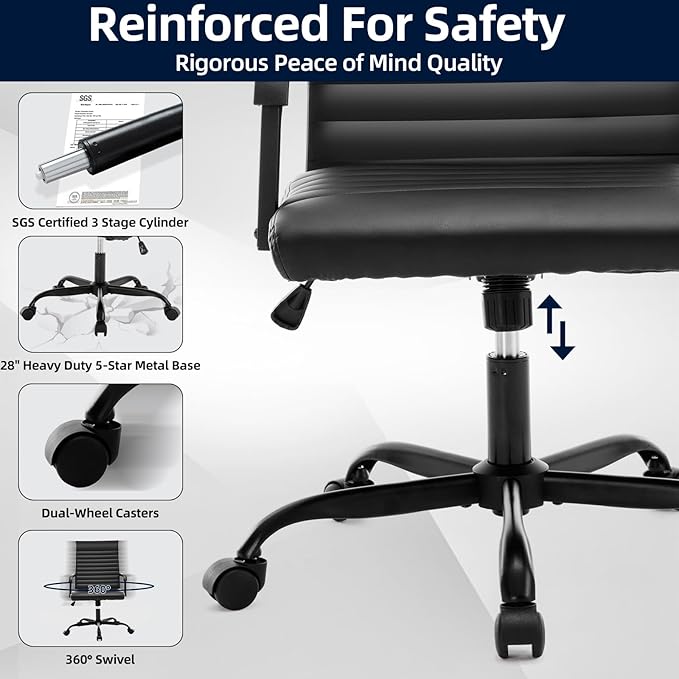 Office Chair, Ergonomic Executive Conference Room Chairs, Ribbed Leather Desk Chair with Lumbar Support, Adjustable Height Mid-Back Swivel Chair with Padded Seat