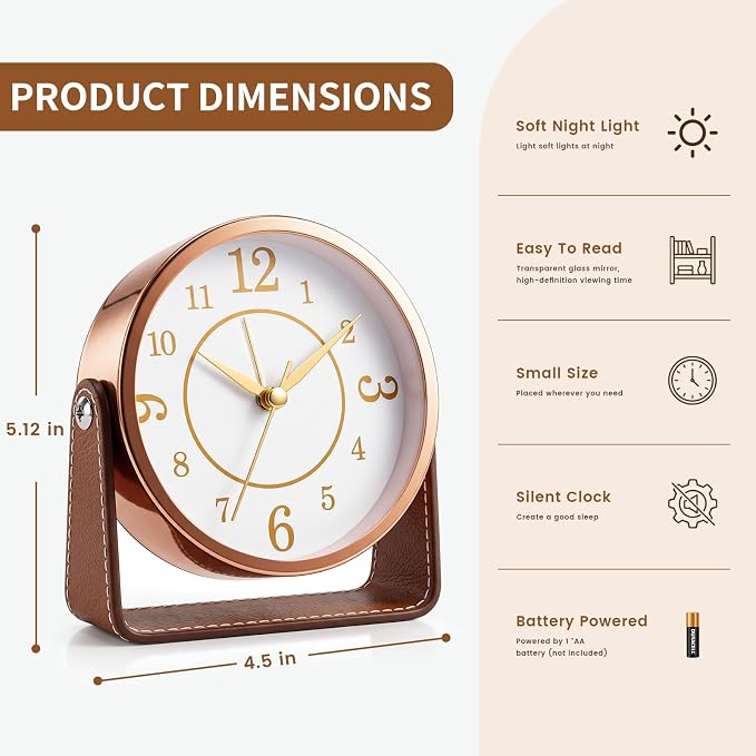 Analog Alarm Clock - 4.5" Silent Non Ticking Small Clock with Light, Rotatable Stand Metal Desk Clock Battery Operated, Simple Design for Living Room Decor/ Bedroom/Bedside/Shelf (Rose Gold & Brown)