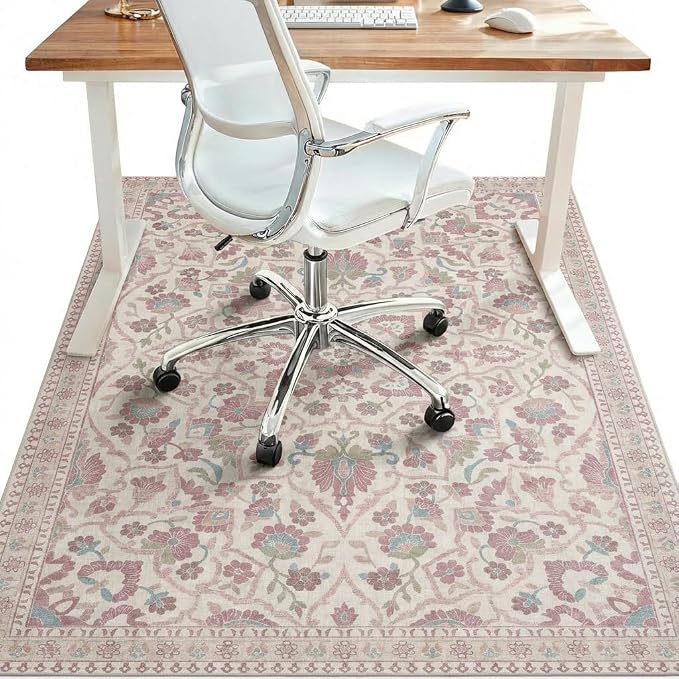 48"x60" Office Chair Mat for Hardwood Tile Floor, Under Desk Carpet Protector for Rolling Computer Chair Mat, Machine Washable Area Rug, Anti-Slip 1/5" Thick Low Pile Thin Vinyl Floor Mat, Dusty Rose