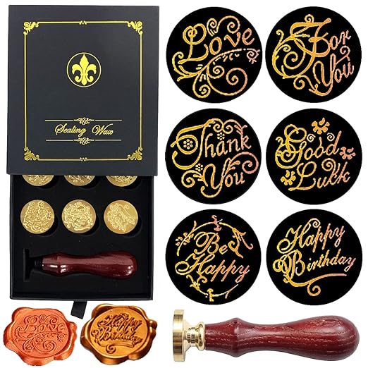 Wax Seal Stamp Gift Box Set, 6 Pcs Blessing Series Seals Copper, Wooden Hilt, Kit for Cards Envelopes, Gift Packaging