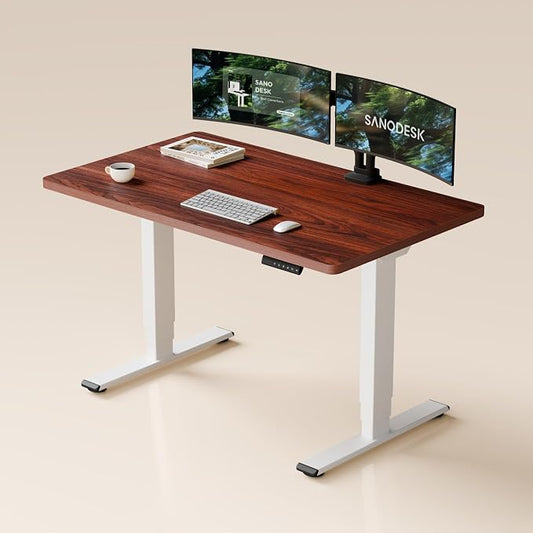 SANODESK Dual Motor Standing Desk 220lbs Height Adjustable Desk | 48"x30" Spacious One-Piece Mahogany Desktop & White Frame, 4 Memory Presets, 3-Stage Legs, 220lbs, 2-Box for Home & Office