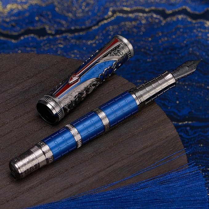 Hongdian D5X Fountain Pen Blue Color Fine Nib, Qin Dynasty Retro Chinese Totem Engraving Smooth Writing Pen with Converter and Pen Box Set