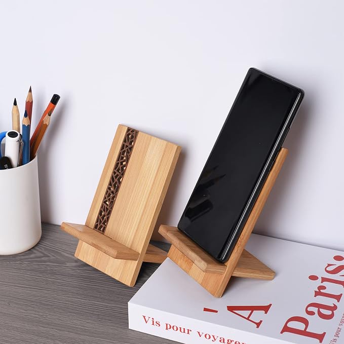Mobile Stand Japanese Style Cellphone Holder Desktop Organizer Charging Station Compatible with All Smartphones Tablets Natural Bamboo Wood Portable Adjustable Angle (Pattern-NO Hole)