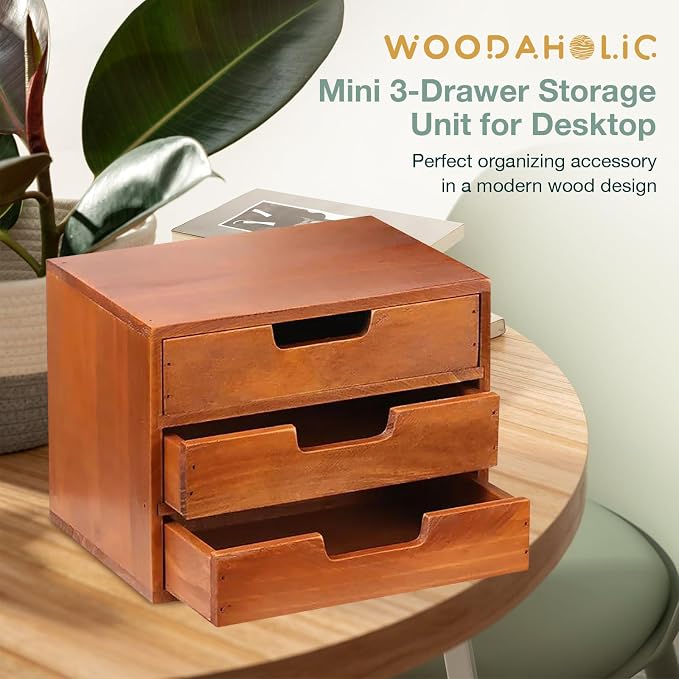Triple Drawer Desktop Storage Organizer in Modern Wood Design (9.8”x6.9”x 7.5”) 3-Drawer Stackable Drawer Unit - Vanity Accessories Organizer (1-Pack)