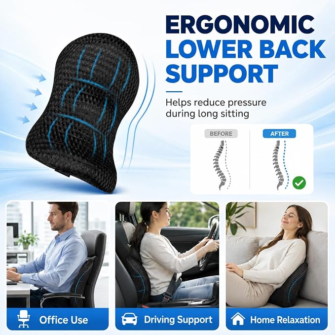 Lumbar Support Pillow for Office Chair – Ergonomic Memory Foam Lower Back Cushion with Breathable 4D Mesh & Adjustable Strap, Back Support for Car Seat, Desk Chair & Gaming Chair
