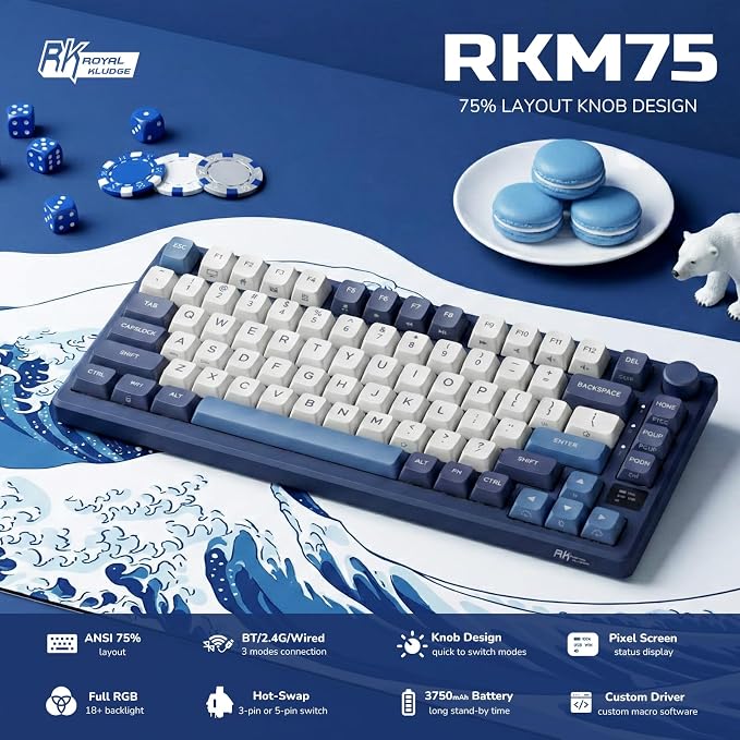RK ROYAL KLUDGE M75 Wireless Mechanical Keyboard w/Screen and Volume Knob, 2.4G/USB-C/BT Gasket Mounted 75% Gaming Keyboard with 81 Keys, RGB Backlit Hot-Swap Creamy Switch, Blue