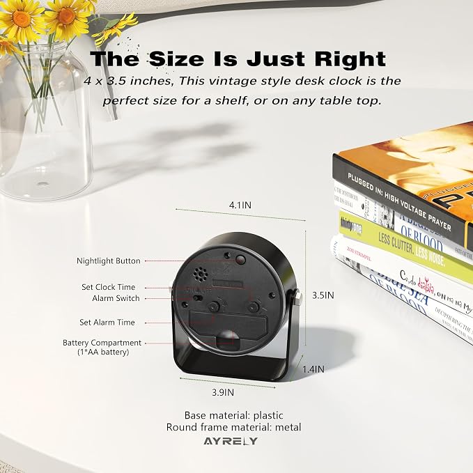 AYRELY® 3.5" Small Analog Travel Alarm Clock, Battery Operated Desk Clock | Cute Table Clock with Light, Adjustable Angle, Bedside, Bedrooms, Kids' Rooms and Living Room Decor (Black)