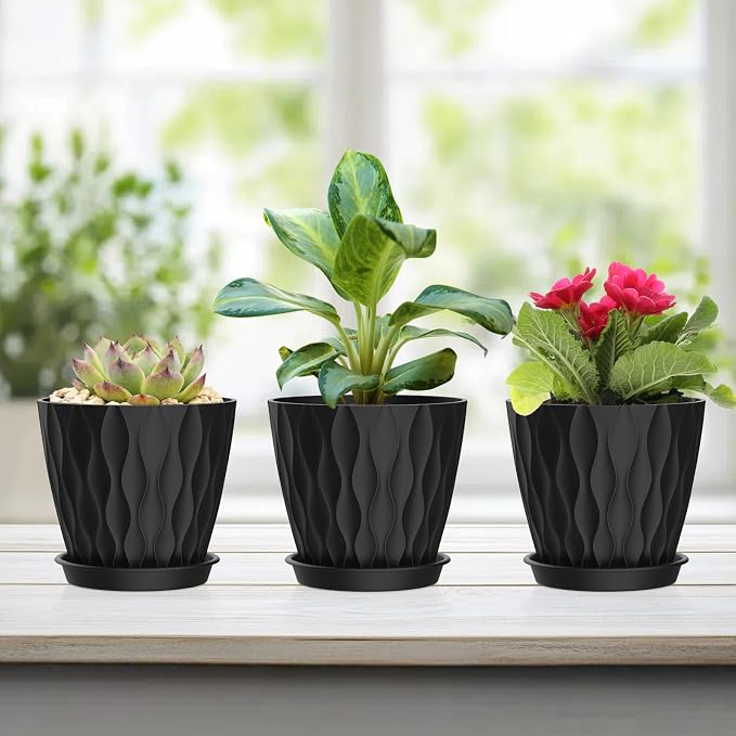 UOUZ 12 Pack 4 Inch Small Plant Pots with Saucers, Waffle Texture Plastic Planters with Drainage Holes for Indoor and Outdoor Plants, Flowers, Herbs, Succulents, and Seedlings, Black