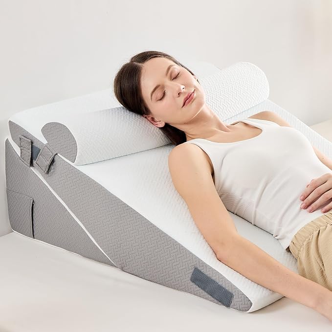 Sasttie Extra Wide Wedge Pillow Set for After Surgery, Dark Grey & White | Bed Wedge Pillow Headboard with Memory Foam Neck Cushion, for Acid Reflux, Sleeping, Neck & Back Support