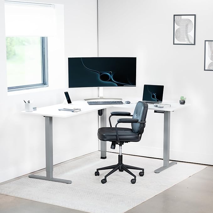 VIVO Corner Standing Desk, 63 x 55 inch Reversible L-Shaped Workstation, Electric Height Adjustment, Home, Office, and Reception Rooms, White Table Top Gray Frame, DESK-E3CTGW