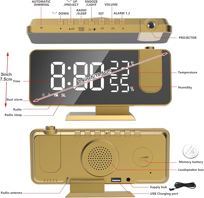 Projection Digital Alarm Clock for Bedrooms, Alarm Clock Radio on Ceiling | USB Charger Port, Temperature & Humidity Display, 7.3” Large Mirror LED Display,12/24H,Snooze,Dual Loud Clock- 4 Dimmer
