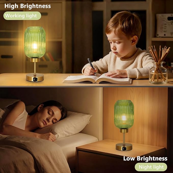 LAMSU Vintage Table Lamp for Bedroom with Bulb, Small Green Glass Beside Lamp with USB Ports, 3 Way Dimmable Gold Desk Lamp, Mid Century Modern Nightstand Lamp for Living Room, Office, Home Decor