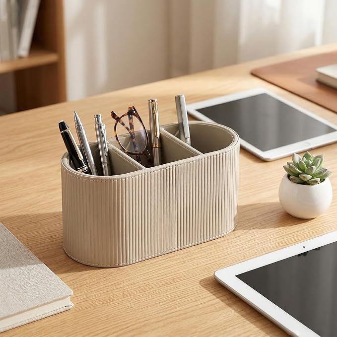 Elegant PU Leather 3-Compartment Desktop Organizer - Stylish Pen Holder & Stationery Storage Box with Vertical Texture, Creamy Beige for Home Office