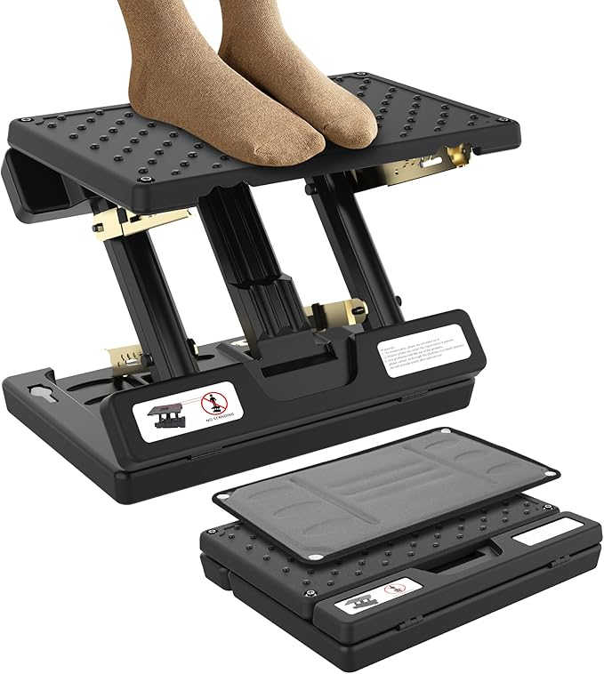 footrest for Under Desk at Work,Height Adjustable Footrest with Massage Roller and Soft Pad, Foldable Ergonomic Foot Rest for Car,Office,Home,Train,Travel,Gaming,Sturdy Metal Frame(Grey)