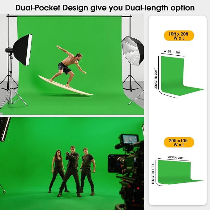 CPLIRIS 10x20ft Green Screen Backdrop for Photography, Dual-Size Dual-Pocket Design Chromakey Background for Photoshoot, Game Steaming, Zoom Meeting with Both Options of 10 ft and 20 ft in Width