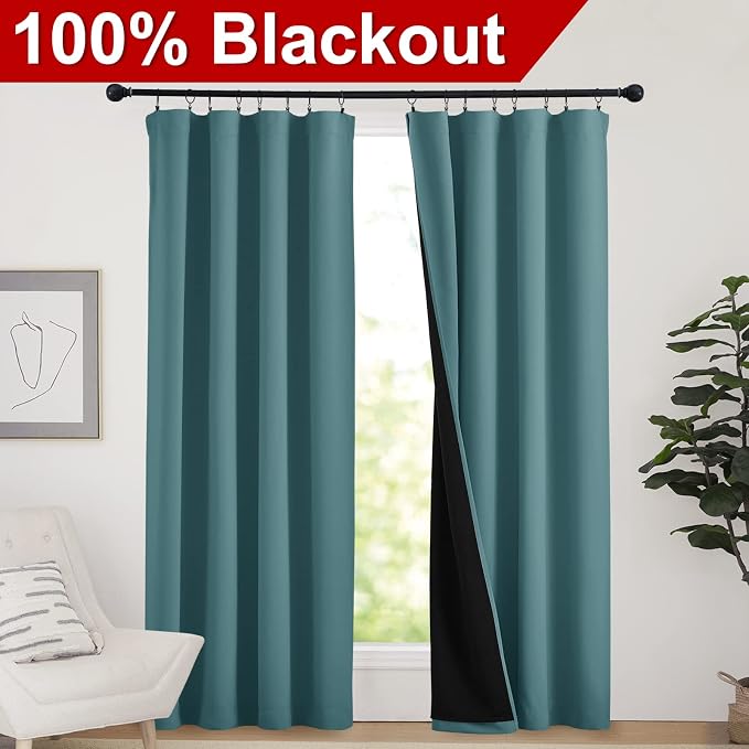 NICETOWN Complete 100% Blackout Curtain Set, Thermal Insulated & Energy Efficiency Window Draperies for Guest Room, Full Shading Panels for Shift Worker and Light Sleepers, Sea Teal, 52W x 84L, 2 PCs