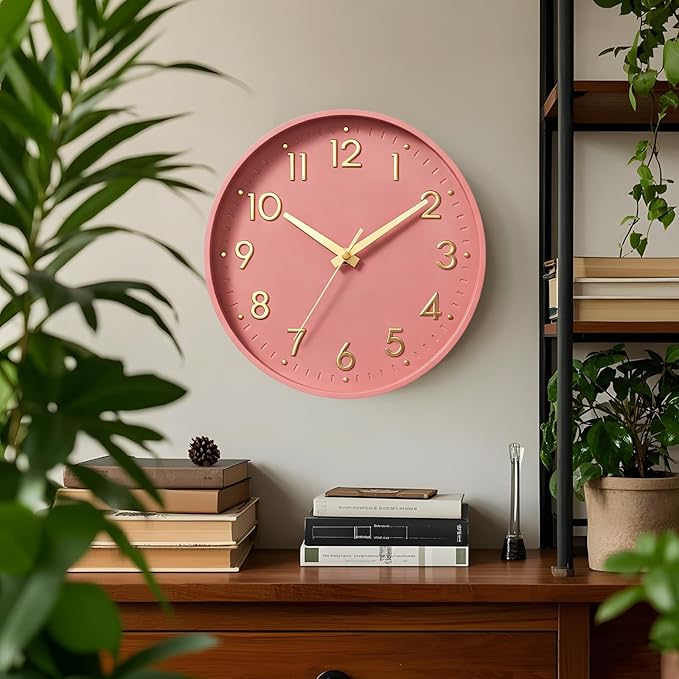 Mosewa Small 8 Inch Wall Clock Battery Operated Silent Non Ticking Analog | Pink Gold modern clock; oversized 3D easy-read dial for kitchen, bedroom & office; 1 AA battery (not included)