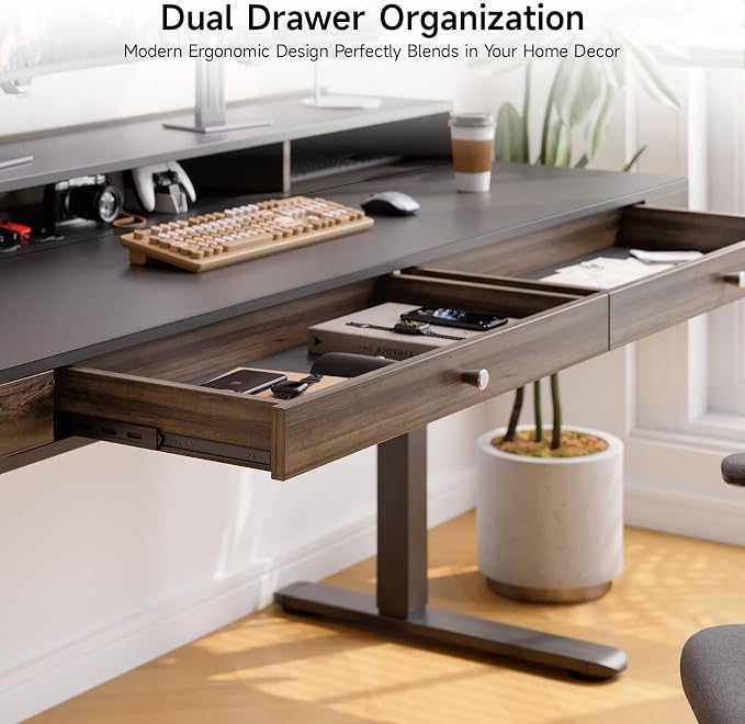 ONBRILL Standing Desk with Drawers, 55x23.6 Inch Electric Stand Up Desk with Storage Shelf and Memory Controller, Sit Stand Desk Adjustable Height from 28-46 Inches for Computer Workstation, Black