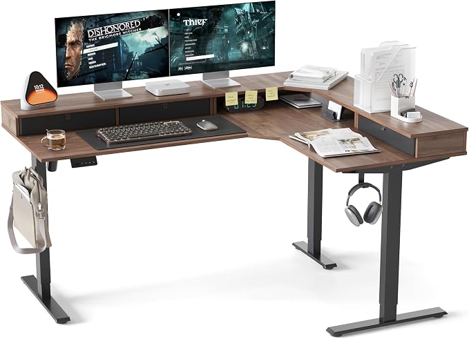 CubiCubi L Shaped Standing Desk with Drawers 63 x 48 Inch Adjustable Height, Electric Corner Desk with Storage, Sit Stand Home Office Desk with Splice Board, Black Walnut