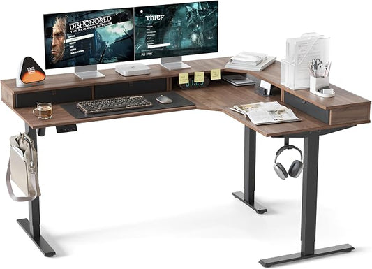 CubiCubi L Shaped Standing Desk with Drawers 63 x 48 Inch Adjustable Height, Electric Corner Desk with Storage, Sit Stand Home Office Desk with Splice Board, Black Walnut