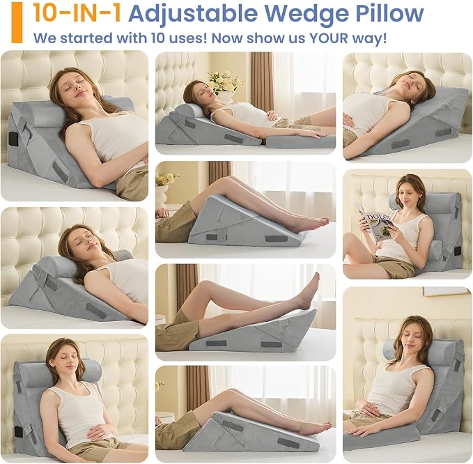 Sasttie Adjustable Wedge Pillow Set for After Surgery, Velvet - Light Grey | Bed Wedge Pillow Headboard with Memory Foam Neck Cushion, for Acid Reflux, Sleeping, Neck & Back Support