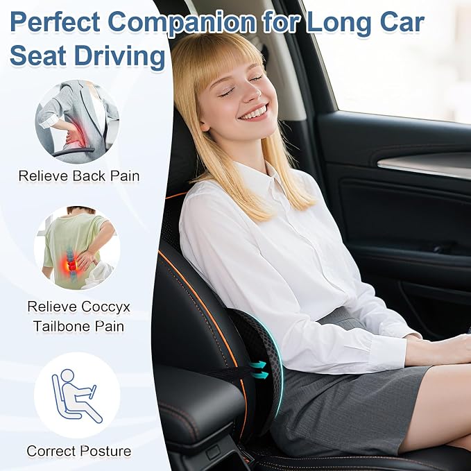 Lumbar Support Pillow for Car, Ergonomic Back Cushion with Strap, Memory Foam Lower Back Support Cushion for Driving, Lumbar Pillow for Pain Relief, for Office Chair, Long Sitting (Black 4D Mesh)