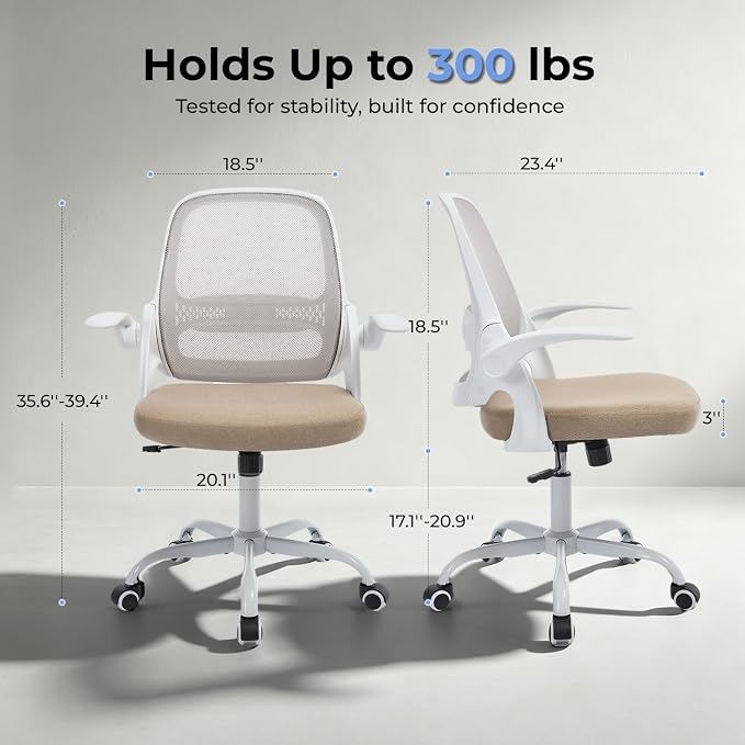 Ergonomic Mesh Office Chair for Home Office, Flip-Up Arms, Breathable Mesh Back & Thick Seat Cushion, Swivel Rolling Computer Desk Chair – BIFMA Certified, Supports 300 lbs (White Frame/Beige Seat)