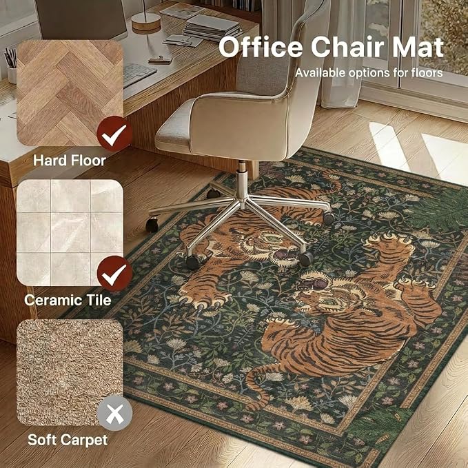48"x60" Office Chair Mat for Hardwood Tile Floor, Under Desk Carpet Protector for Rolling Computer Chair Mat, Machine Washable Area Rug, Anti-Slip 1/5" Thick Low Pile Thin Vinyl Floor Mat, Forest Sage