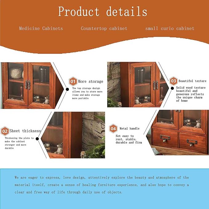 Rustic Apothecary Cabinet - 12" L x 4.7" W x 14" H Vintage Pine Countertop Cabinet with 2 Shatterproof Clear Doors & 2 Drawers, Small Spice Organizer for Kitchen, Bathroom, Office (Brown)