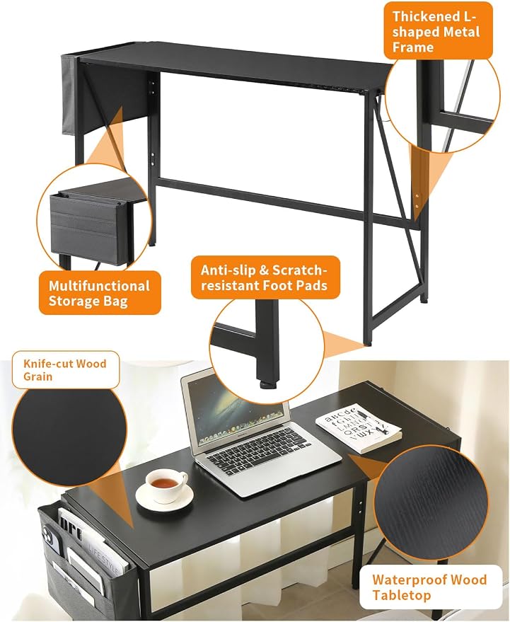Modern Foldable Writing Computer Desk with Storage Bag, No-Assembly Study Office Desk Foldable Table for Small Spaces, Home Office (Black, 39.4 inch)