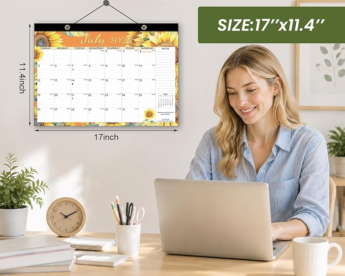 AECCN Desk Calendar 2026-2027, 18 Months Calendar, 17" x 11.4" Large Space, Anti Ink Bleed and Transparent Cover, Desktop Calendars with Stickers for Home, school, Office Planning-Flower