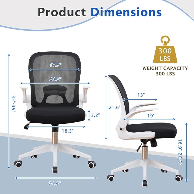 IPKIG Foldable Office Chair for Small Spaces | Home Office Folding Desk Chairs with Wheels and Flip Up Arms | Ergonomic Mesh Computer Chair for Adults & Kids (2PCS White)