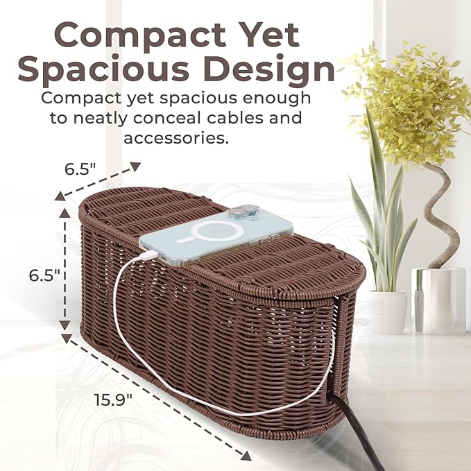 Cable Management Box, Handmade Rattan Cable Organizer, 2 Open Slots Cords Hider Box, Under Desk Cord Organizer for Computer Router USB Hub & Power Strip, 15.9" x 6.5" x 6.5", Brown