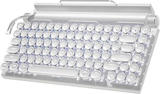 Retro Typewriter Wireless Mechanical Gaming Keyboard, Bluetooth 5.0 Office Computer Vintage Keyboards 83-Key Blue Switches Punk Round Keycap, LED Backlight, White