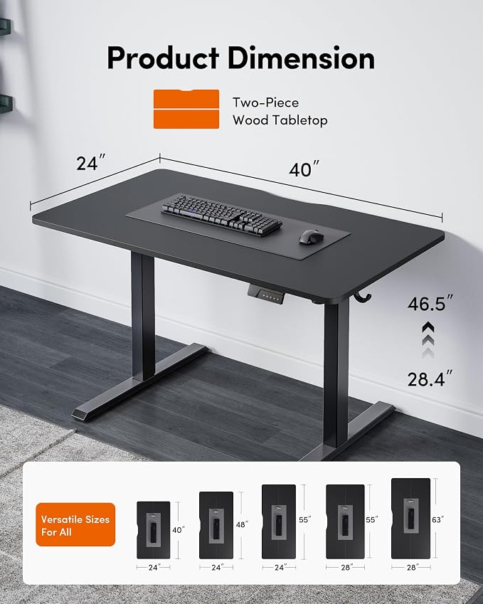 FEZIBO Electric Standing Desk Adjustable Height, 40 x 24 Inch Sit and Stand Desk, Home Office Desk, Ergonomic Workstation Computer Desk, Black