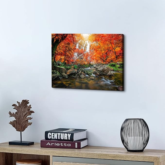 Sunset Waterfall Wall Art Burnt Orange Wall Decor Nature Tropical Forest Landscape Photo Canvas Prints Picture for Living Room Bedroom 12x16”, Trees Painting River Scenery Artwork Home Decorations